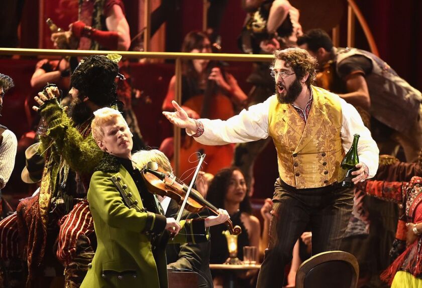 Lucas Steele and Josh Groban perform onstage with the cast of “Natasha, Pierre and The Great Comet of 1812” onstage during the 2017 Tony Awards at Radio City Music Hall on June 11, 2017 in New York City. | Theo Wargo/Getty Images for Tony Awards Productio