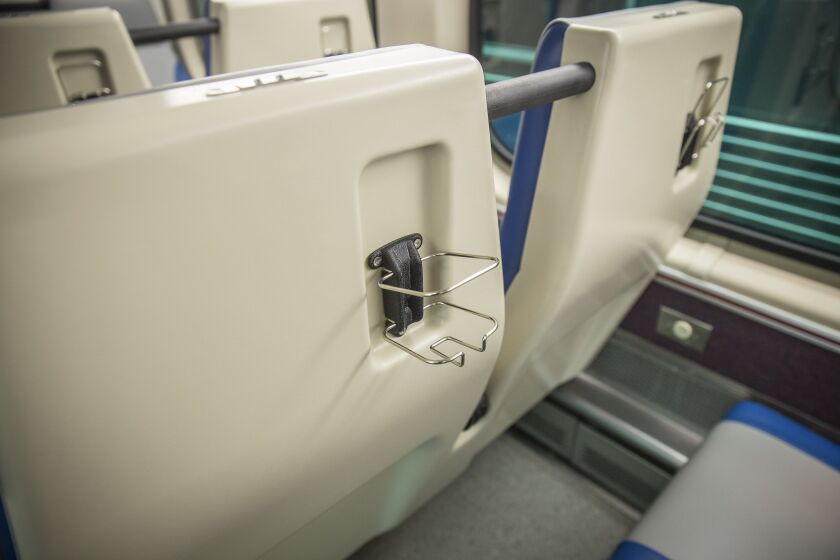 The airline-style seats have armrests and built-in cup holders, though the ones on the new seats will be larger than that seen on this test model. | Rich Hein/Sun-Times