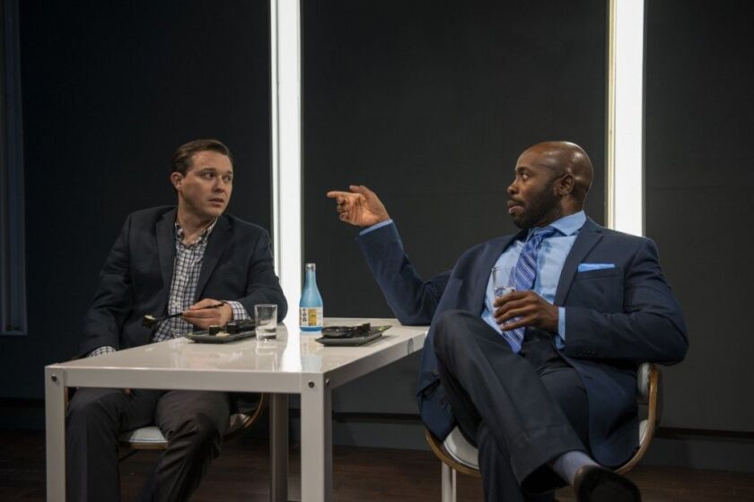 Jason Bradley (left) and Stephen Conrad Moore in Thomas Bradshaw’s play, “Fulfillment,” at American Theater Company. (Photo: Michael Brosilow)