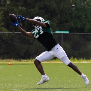 CSU football player Tyin Murrell #27 catches a pass during practice Wednesday on Chicago State University’s campus in Roseland.