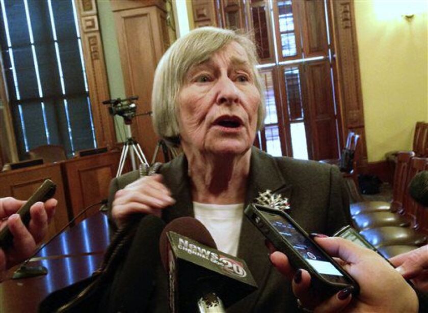 Then state House Majority Leader Barbara Flynn Currie, D-Chicago, talks to reporters in 2015.