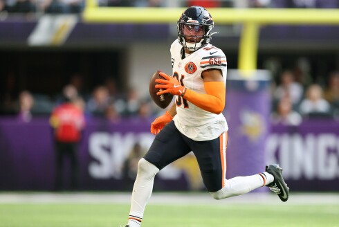 The Bears' Kevin Byard runs with an interception during the second quarter against the Minnesota Vikings at U.S. Bank Stadium on Nov. 16, 2025, in Minneapolis, Minnesota.