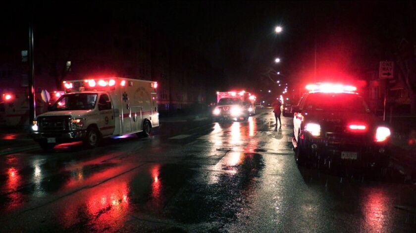 Emergency crews respond to a crash early Saturday that left five people injured, including two Chicago Police officers. | Justin Jackson/Sun-Times