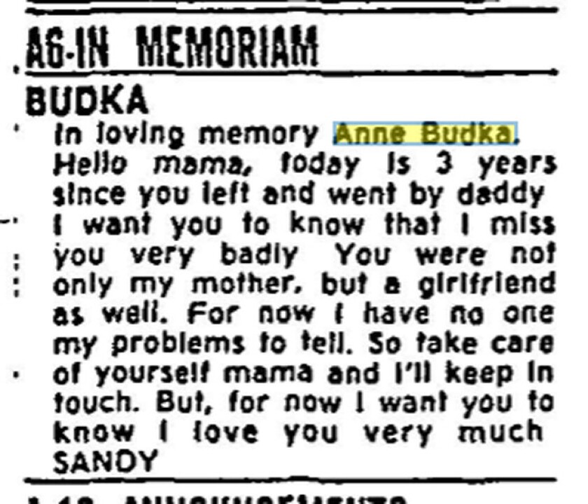 A memorial ad Sandy Bartusiak ran July 5, 1982, for her mother, Anne Budka.