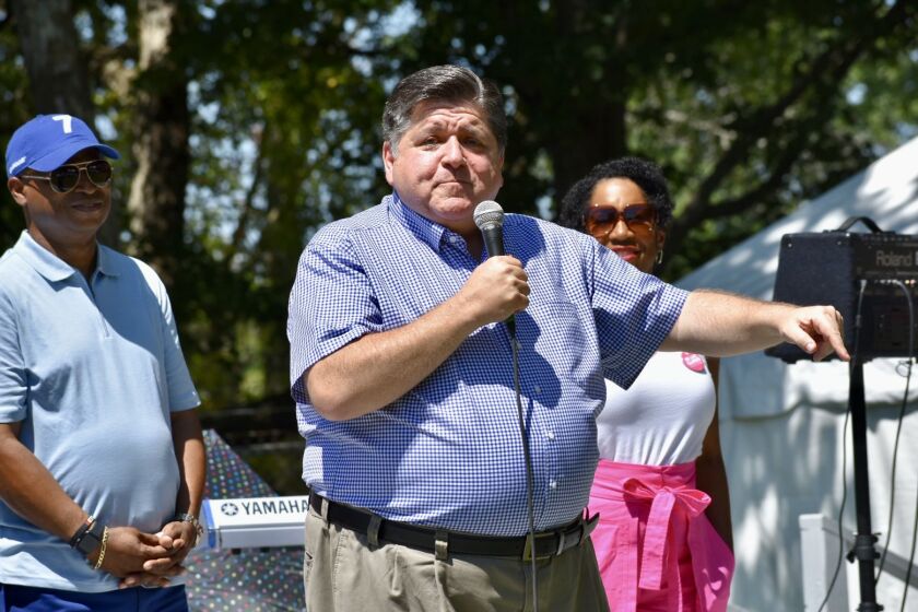 Gov. J.B. Pritzker speaks Wednesday at Governor’s Day at the Illinois State Fair.