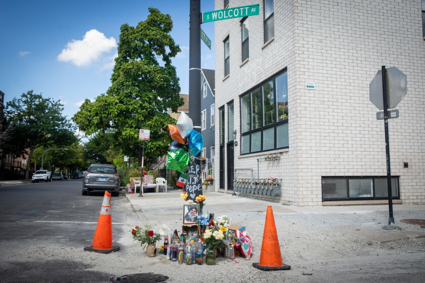 A memorial for Pepe was set up at the corner at 17th St. and Wolcott Ave., on Tuesday, Sept. 2, 2025. | Zubaer Khan/Sun-Times