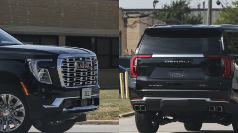 Federal immigration enforcement agents leave the ICE facility in Broadview on Oct. 2 in a black GMC Denali with a license plate in the front, but no plate in the back.