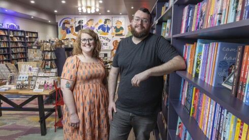 Left to right, Amanda Morse and Jeff Morse, co-owners of Partners in Crime Bookshop poses for a portrait in Chicago, Illinois on March 10, 2026.