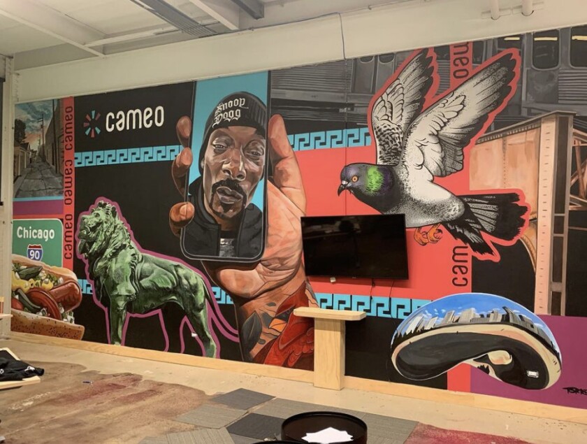 This painting by Danny Torres includes a pigeon and rapper Snoop Dogg.