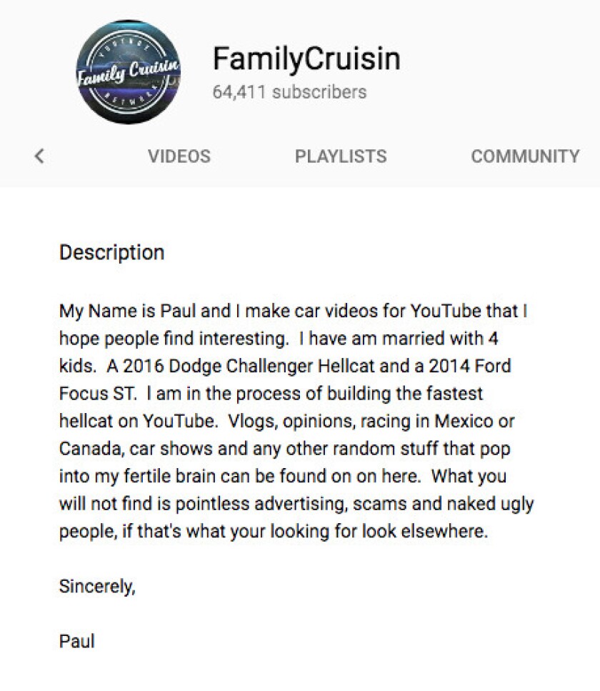 The YouTube page of “FamilyCruisin.” | YouTube
