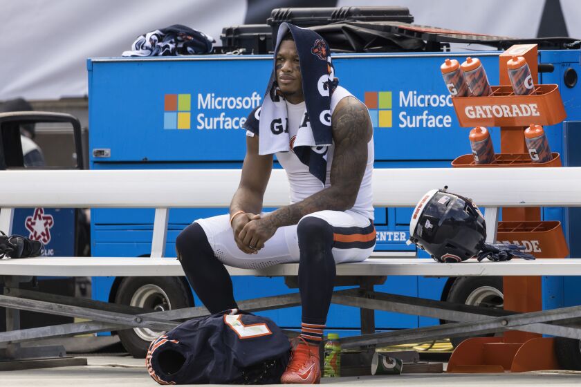 Chicago Bears wide receiver DJ Moore #2 sits on the bench after the Bears lost 13 - 19 to the Minnesota Vikings at Soldier Field, Sunday, Oct. 15.