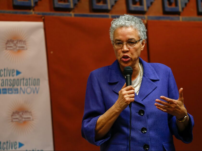 Cook County Board President and Chicago mayoral candidate Toni Preckwinkle details her public transit plan at a forum Tuesday in Pilsen. | Nader Issa/Sun-Times