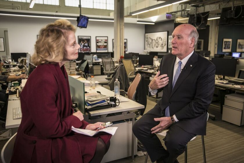 Mayoral candidate Bill Daley is interviewed by reporter Fran Spielman in the Sun-Times newsroom Friday, October 26, 2018. | Rich Hein/Sun-Times