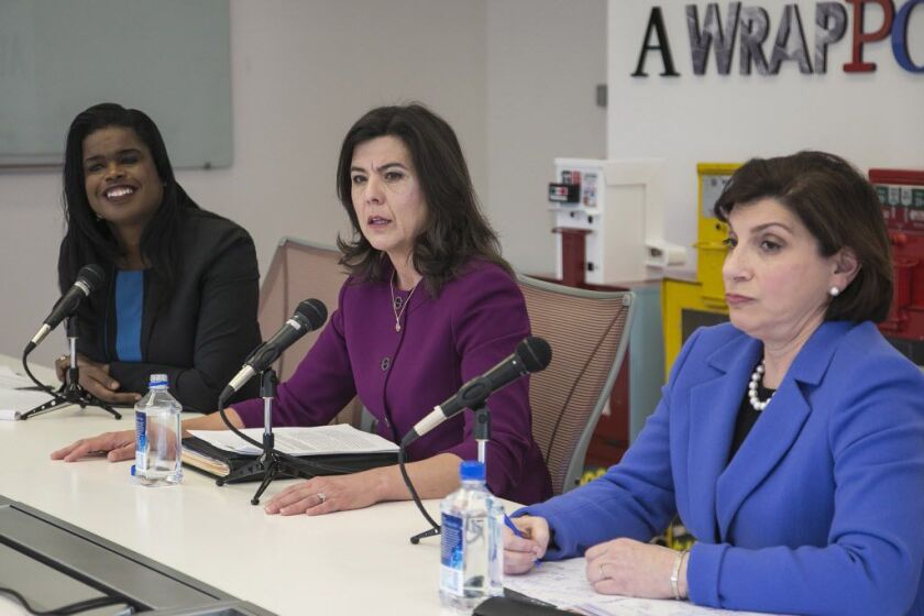 Cook County State’s Attorney Anita Alvarez (center) and her opponents in the March 15 Democratic primary election, Kim Foxx (left) and Donna More, debate before the Chicago Sun-Times Editorial Board, Friday, Feb. 5, 2016. | Ashlee Rezin/Sun-Times