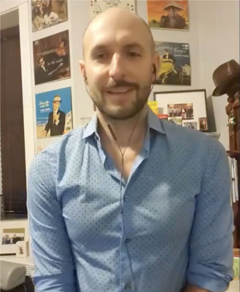 Justin Koziatek talks about his credentials for the appointment to succeed outgoing state Sen. Heather Steans during a Zoom call meeting with a local Indivisible chapter.