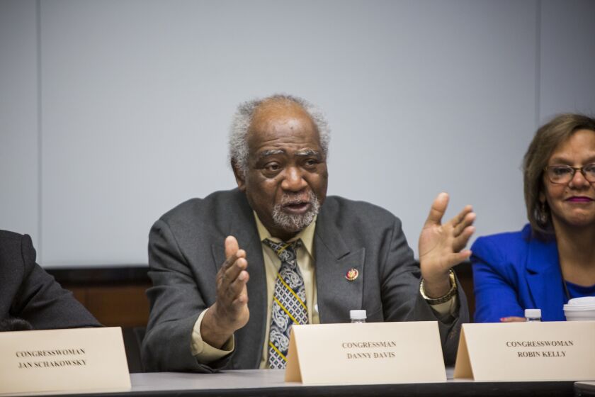 U.S. Rep. Danny Davis speaks at a roundtable discussion with U.S. Rep. Robin Kelly, right, and others in 2019.