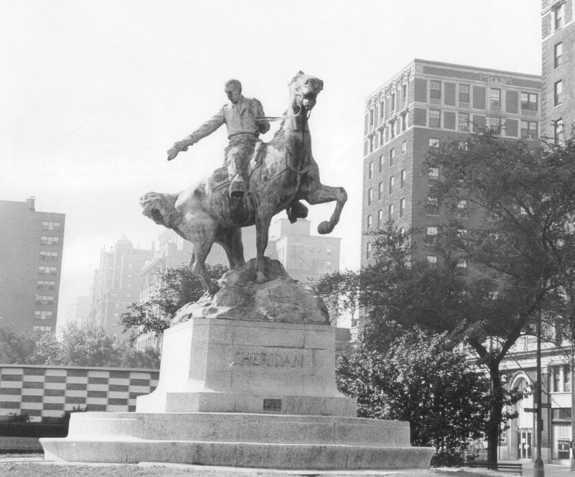 A statue of Gen. Philip Sheridan stands on Belmont Avenue, near DuSable Lake Shore Drive and Sheridan Road, named in the Civil War general’s honor.
