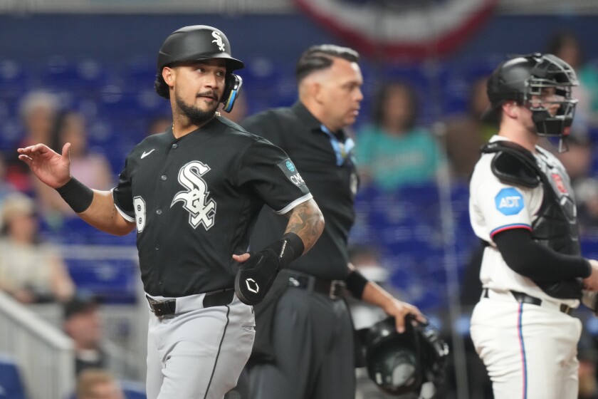 Everson Pereira scores during the Sox' first win of the season Monday in Miami.