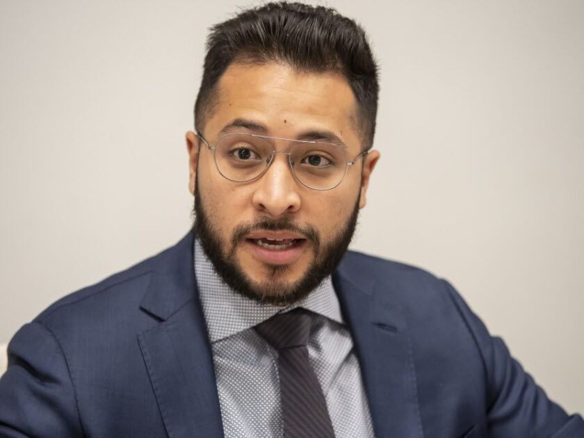25th Ward aldermanic candidate Hilario Dominguez addresses the Sun-Times Editorial Board last month. File Photo. | Rich Hein/Sun-Times