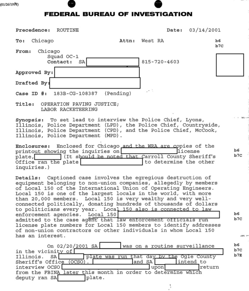 An FBI record that says police departments had run license plates for Operating Engineers Local 150, something that prompted federal agents to question police chiefs.