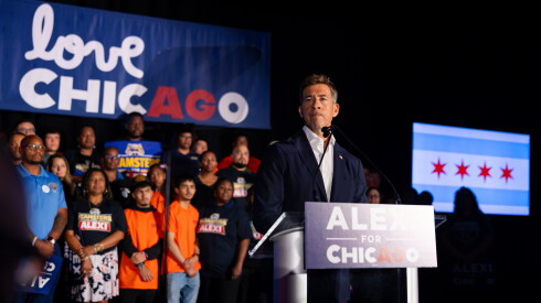 Secretary of State Alexi Giannoulias announces his run for mayor at an event in Bronzeville on the South Side, Sunday, Aug. 2, 2026.