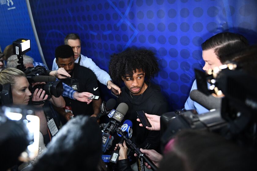 Coby White speaks with the media during Day 1 of the NBA Draft Combine at Quest Multisport Complex.