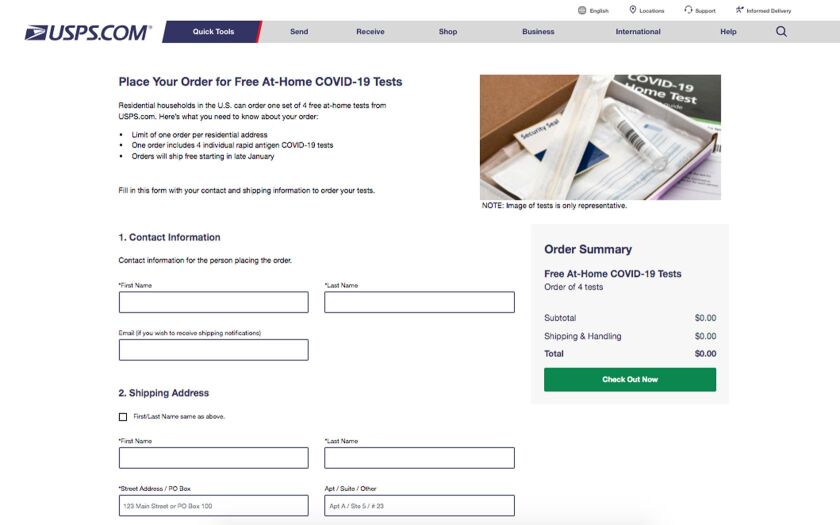 Postal Service website for ordering free at-home COVID-19 test kits.