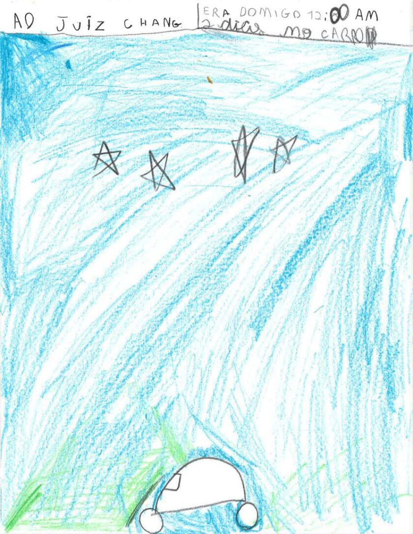 Nine-year-old “C.D.A.” depicts his midnight car ride through Mexico with his father in this drawing. The pair fled Brazil to get away from a human trafficking organization and tried to enter the United States but were later taken into custody near the Mex