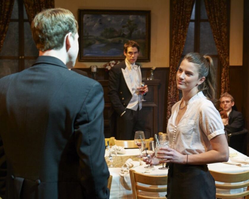 Michael Holding (from left), Ryan Hallahan, Bryce Gangel (with pony tail), and Michael Kurowski in the Steep Theatre production of “Posh.” (Photo: Lee Miller)