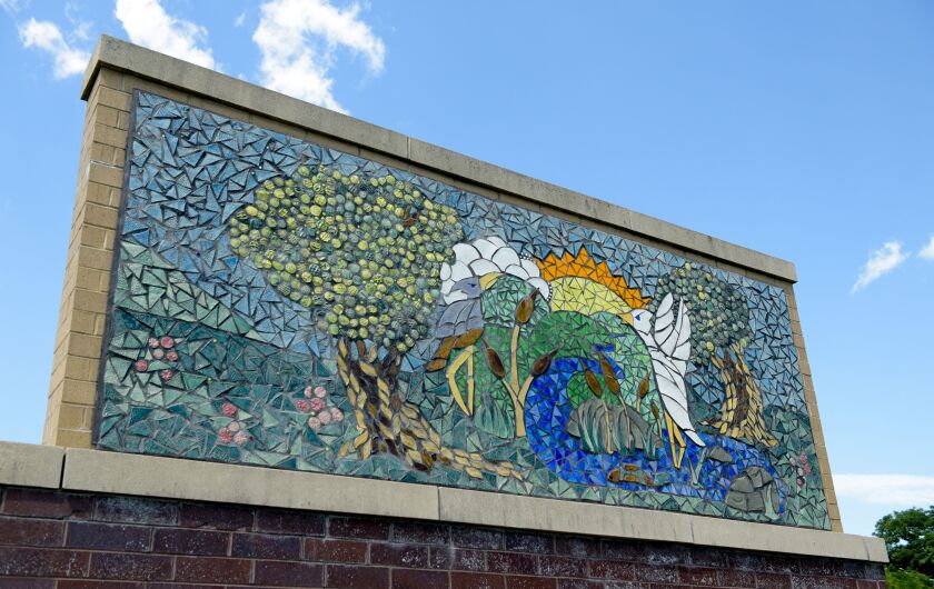 A mosaic on the campus shared by Creekside Middle School and Prairiewood Elementary School in Woodstock.