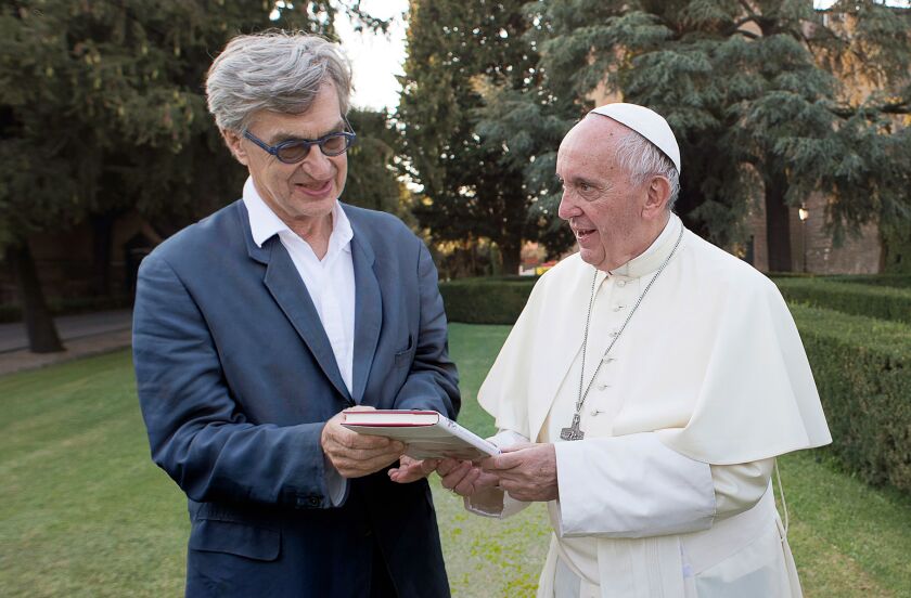 Pope Francis with director Wim Wenders during the filming of the documentary “Pope Francis: A Man Of His Word.” | Focus Features via AP