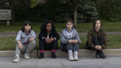 Riley Lai Nelet (from left) plays Erin Tieng with Camryn Jones as Tiffany Quilkin, Fina Strazza as KJ Brandman and Sofia Rosinsky as Mac Coyle in “Paper Girls.”