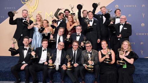 Stephen Colbert and crew, winners of the Outstanding Variety Series Award for “The Late Show With Stephen Colbert”, pose in the press room during the 78th Primetime Emmy Awards at Peacock Theater on September 14, 2026 in Los Angeles, California.
