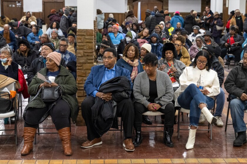 Ald. Jason Ervin (28th) and Monique Scott (24th) attend an emergency town hall meeting to offer Property Tax Relief resources to West Side homeowners in the basement of New Mount Pilgrim Missionary Baptist Church, Monday, Dec. 8, 2025.