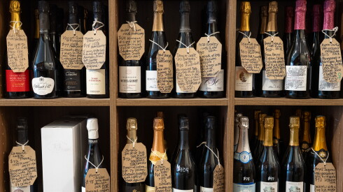 An assortment of wines and Champaign sit on shelves at BottlesUp! located at 3164 N Broadway in the Lake View neighborhood, Friday, Feb. 20, 2026.