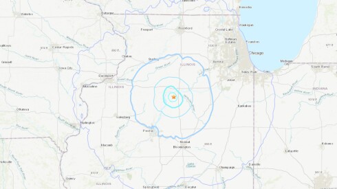A U.S. Geological Survey map of an earthquake’s reach from Standard, Illinois.