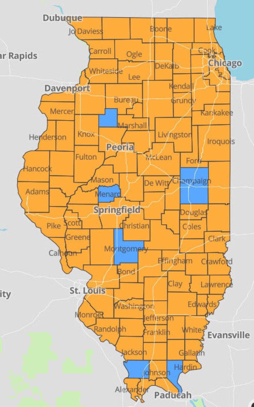 “Warning level” counties are marked orange in this map.