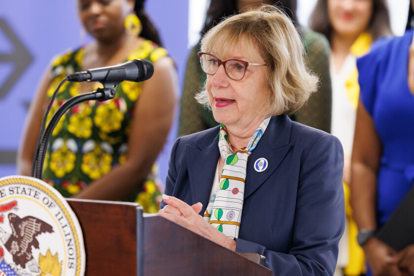 State Representative Robyn Gabel speaks at a podium on July 29, 2024.