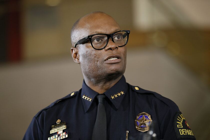 Dallas Police Chief David Brown briefs the media about a shooting at Dallas Police headquarters.