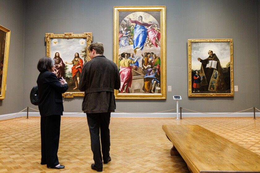 Rebecca J. Long, Patrick G. and Shirley W. Ryan Curator, (left) and Klaus Makela, Music Director of the CSO, speak about "The Assumption of the Virgin" by El Greco at the Art Institute of Chicago, Tuesday, Feb. 17, 2026.
