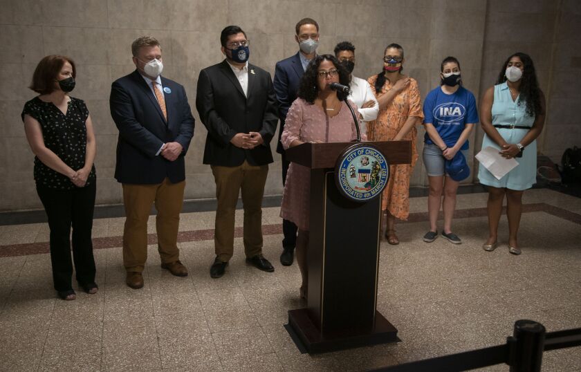 Rossana Rodriguez Sanchez appeared at a City Hall news conference on July 27, 2022 to back a proposed ordinance protecting abortion rights in Chicago.