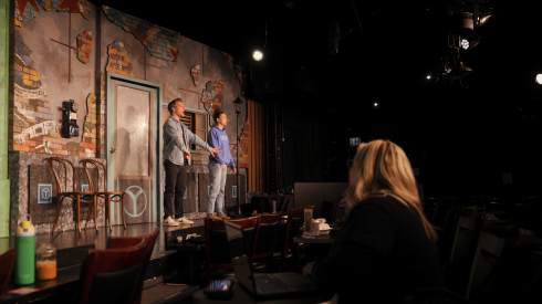 Eddie Mujica and Cat McDonnell rehearse “Pandemonium, Please Hold” at the Second City Main Stage in Old Town, Friday, May 1, 2026.