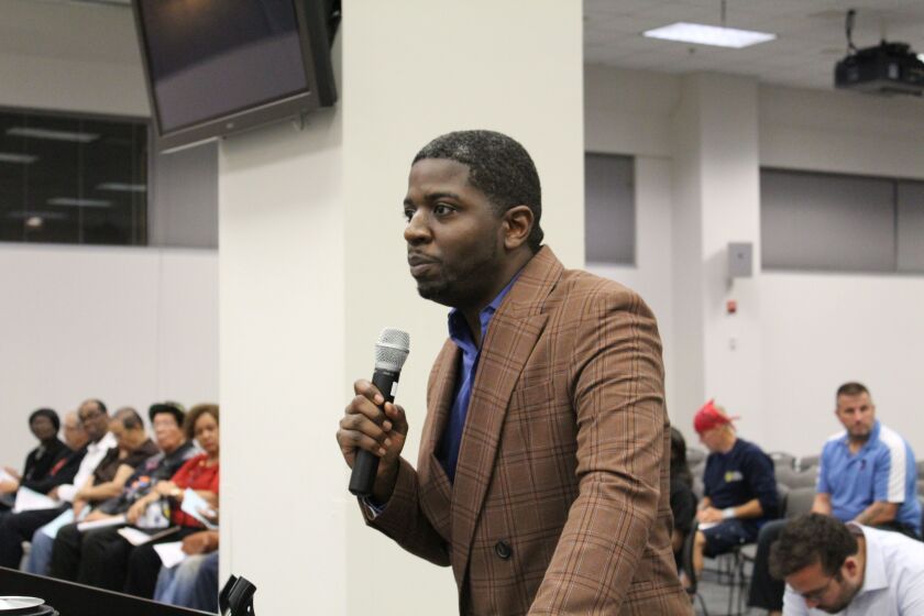 Jamie Frazier, lead pastor at Lighthouse Church of Chicago and founder of the Lighthouse Foundation, speaking before the Chicago Police Board about Officer Thomas Walsh on Sept. 19.