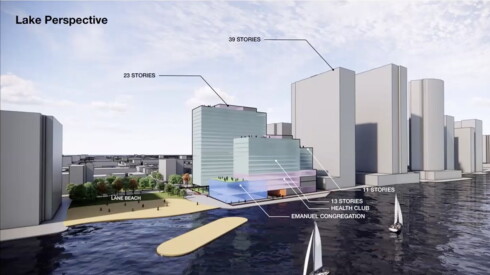 Rendering showing three buildings along the lakefront.