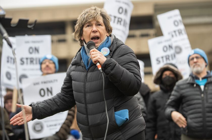 President of the American Federation of Teachers Randi Weingarten speaks during a UIC Faculty United union strike at the University of Illinois Chicago.