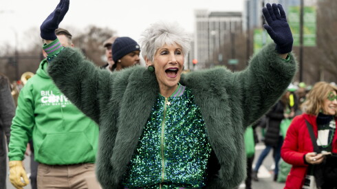 Cook County Treasurer Maria Pappas marches during the Chicago St. Patrick’s Day Parade on Columbus Drive near Grant Park, Saturday, March 14, 2026.