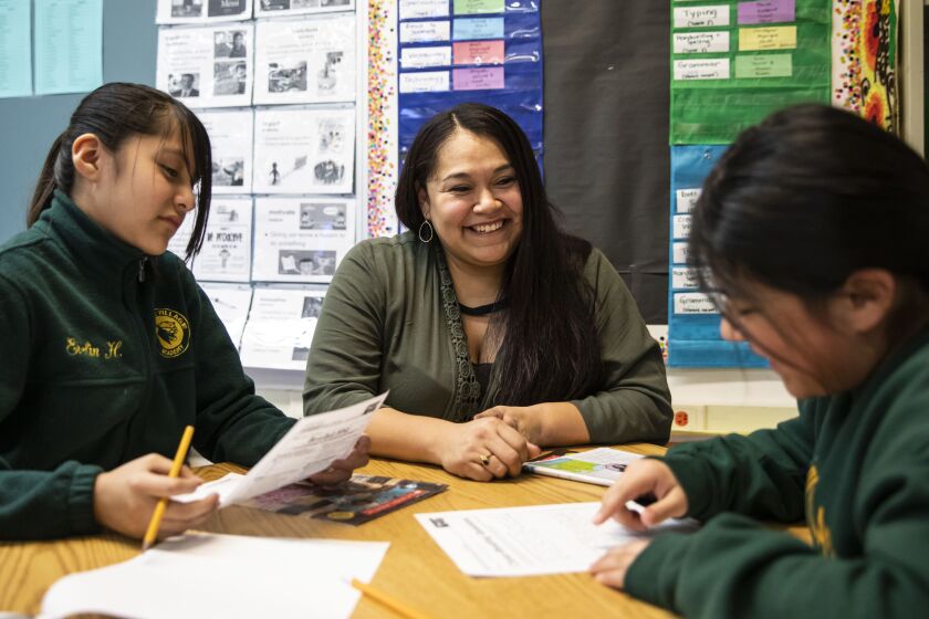 Sofia Salinas, a finalist for this year’s Golden Apple Award for Excellence in Teaching, teaches reading and writing to fifth-graders at Little Village Academy, 2620 S. Lawndale Ave.