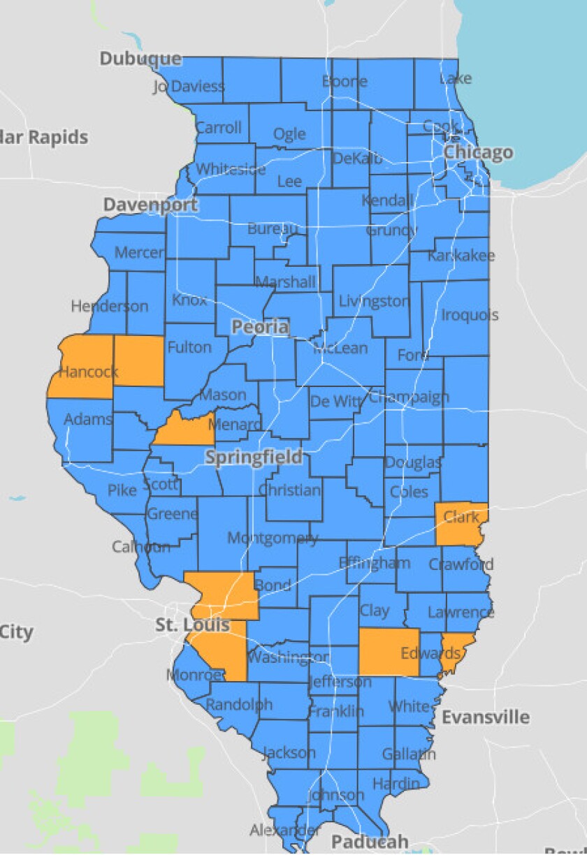 Orange counties on this map of Illinois are considered to be a COVID-19 “warning level.”