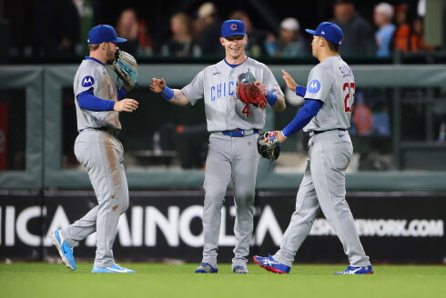 Cubs outfielders Pete Crow-Armstrong, Ian Happ and Seiya Suzuki