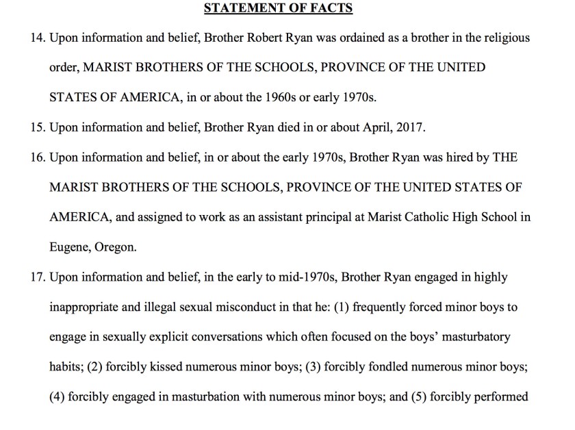 Part of a lawsuit filed in March against the Marist Brothers that includes accusations of child sexual abuse by the late Brother Robert Ryan.